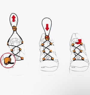 Step-by-step illustration of tying shoelaces on a white background