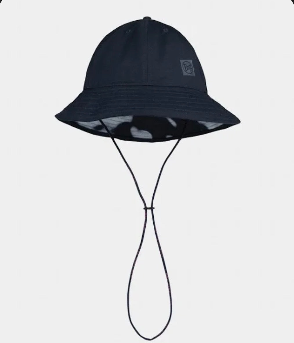 Black bucket hat with a chin strap on a white background
