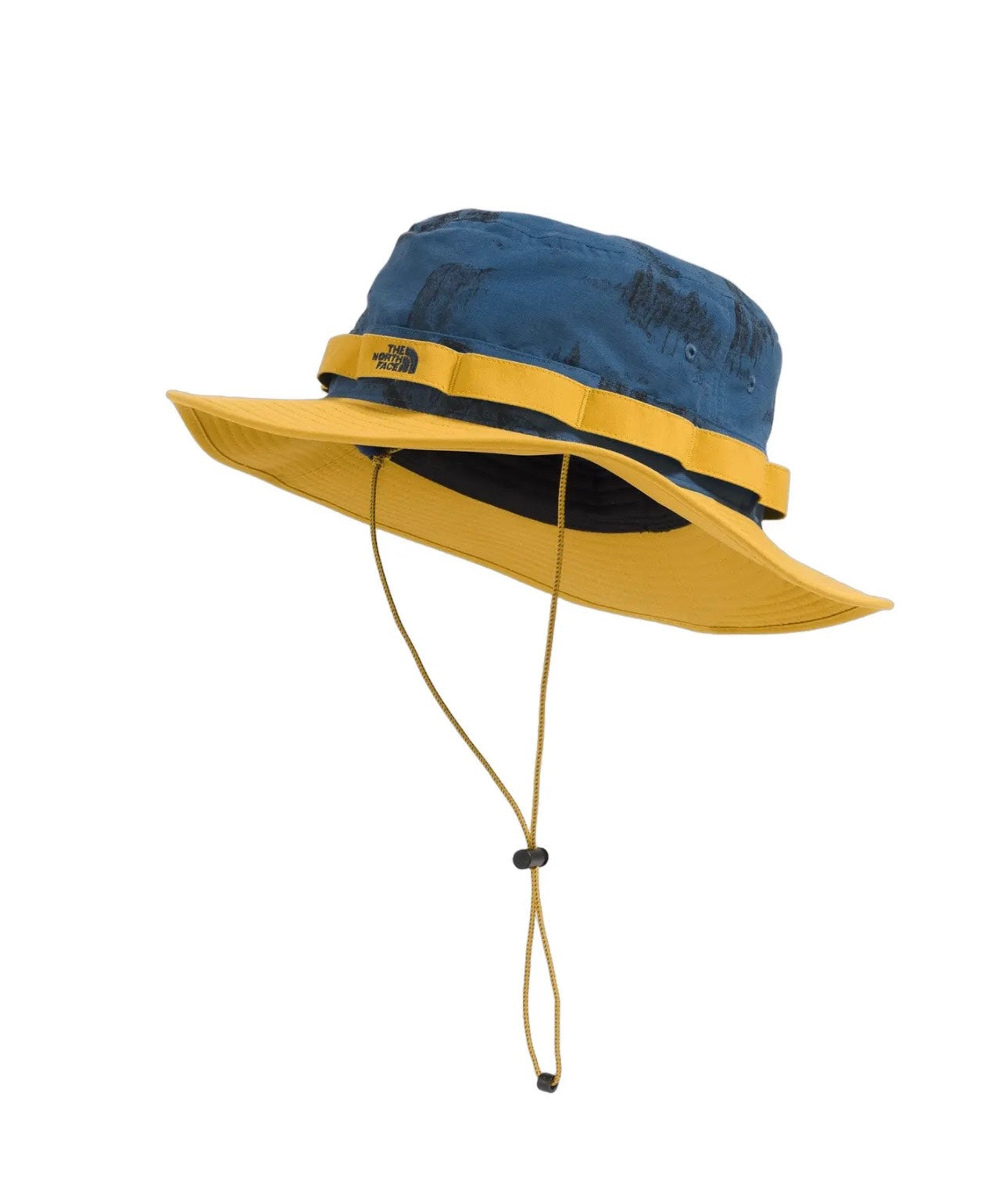Two-toned bucket hat with yellow brim and blue crown on a white background