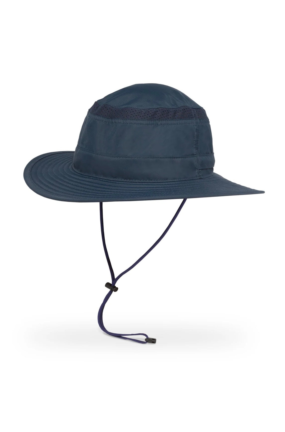 Navy blue wide-brimmed hat with chin strap on a white background