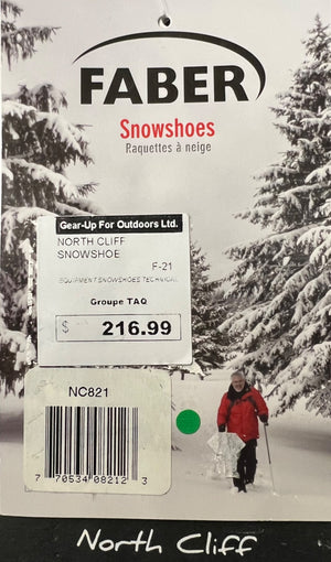 Faber snowshoes packaging with a snowy landscape and person in the background