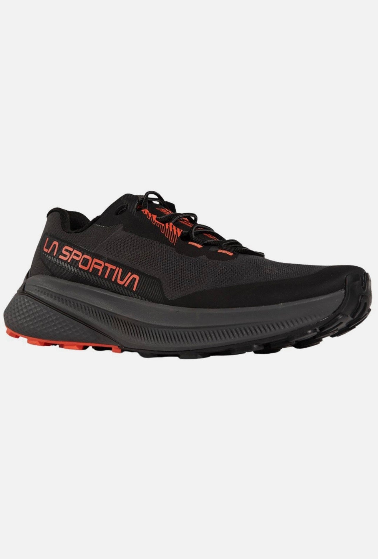 Black running shoe with orange accents on a white background