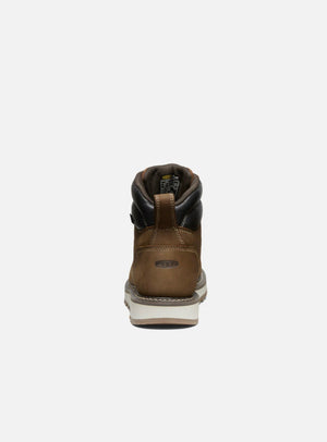 Brown leather boot with black lining on a white background