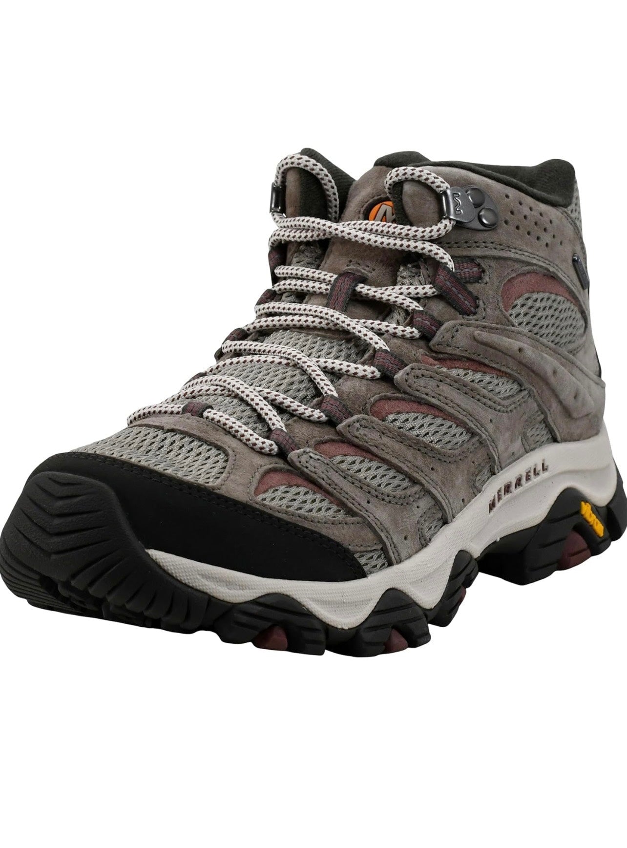 Gray hiking boot with black sole on a white background