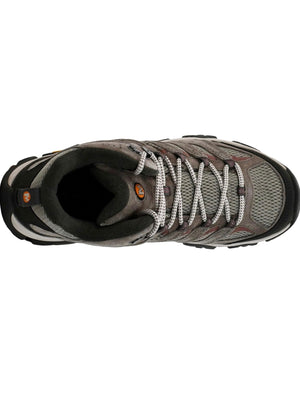 Gray hiking boot with white laces on a white background