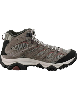 Gray hiking boot with black and white accents on a white background