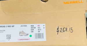 Merrell shoe box with product details and price label.