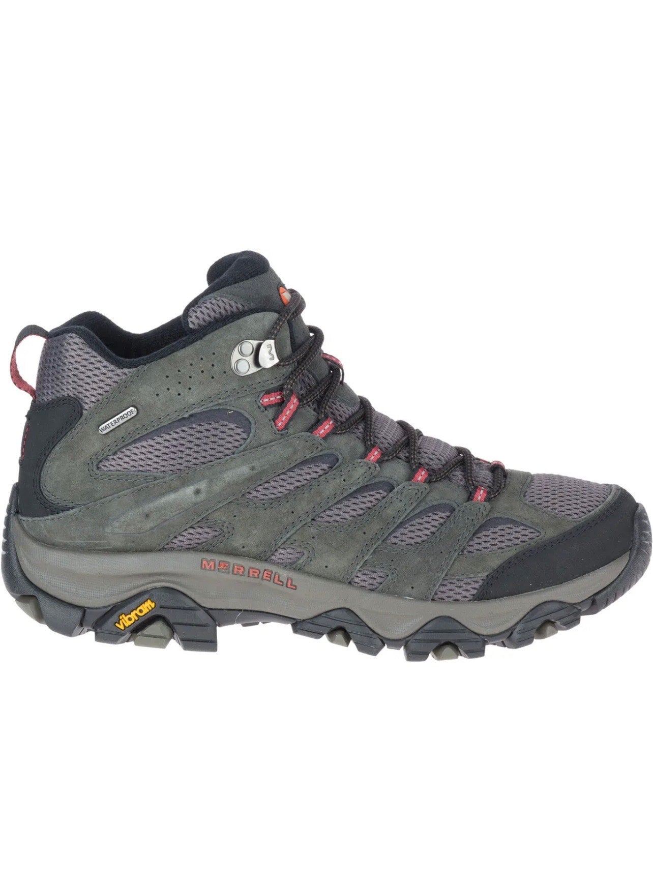 Gray hiking boot with red accents on a white background