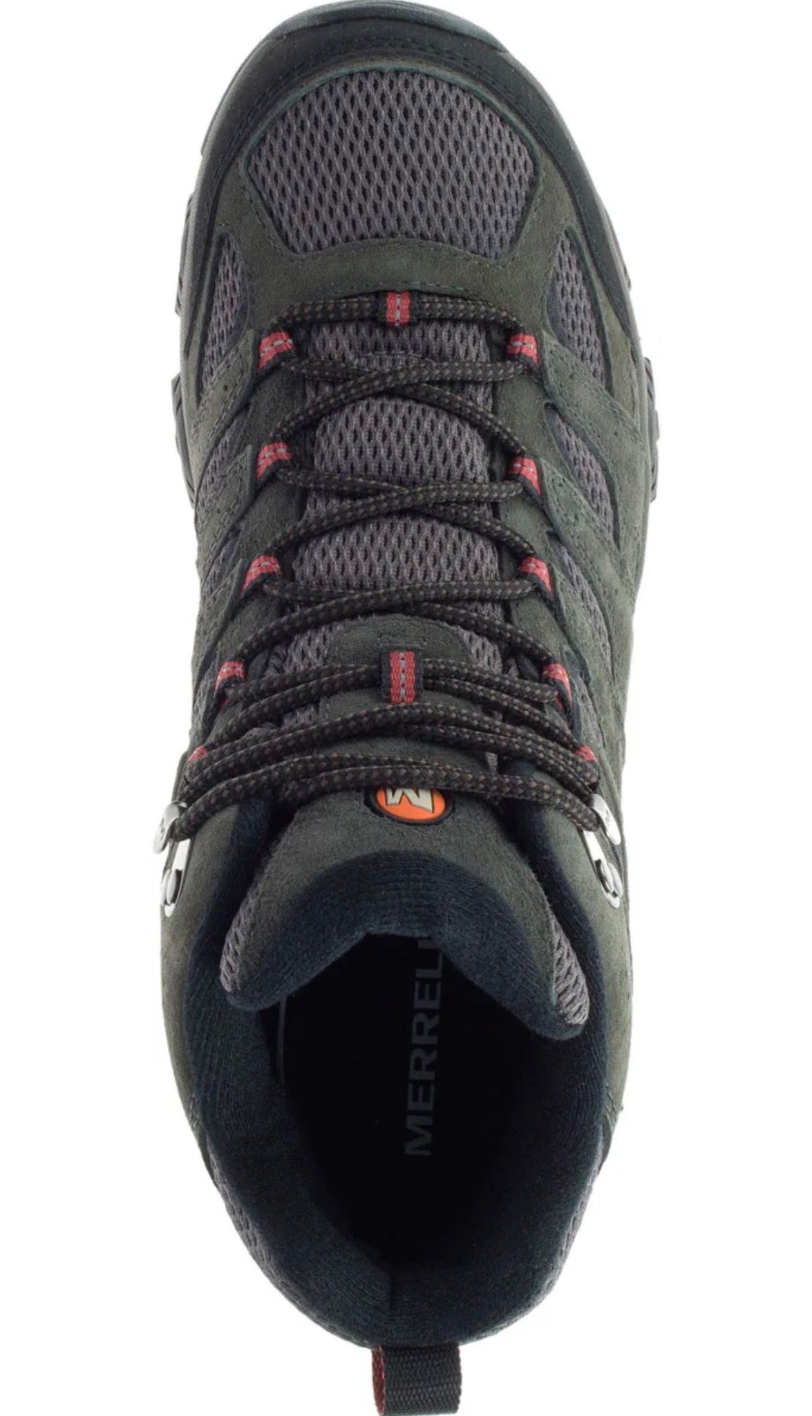 Black hiking shoe with red accents on a white background