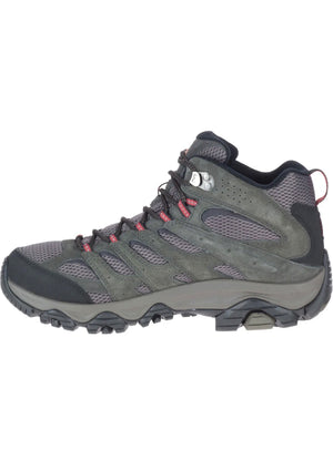 Gray hiking boot with black sole on a white background