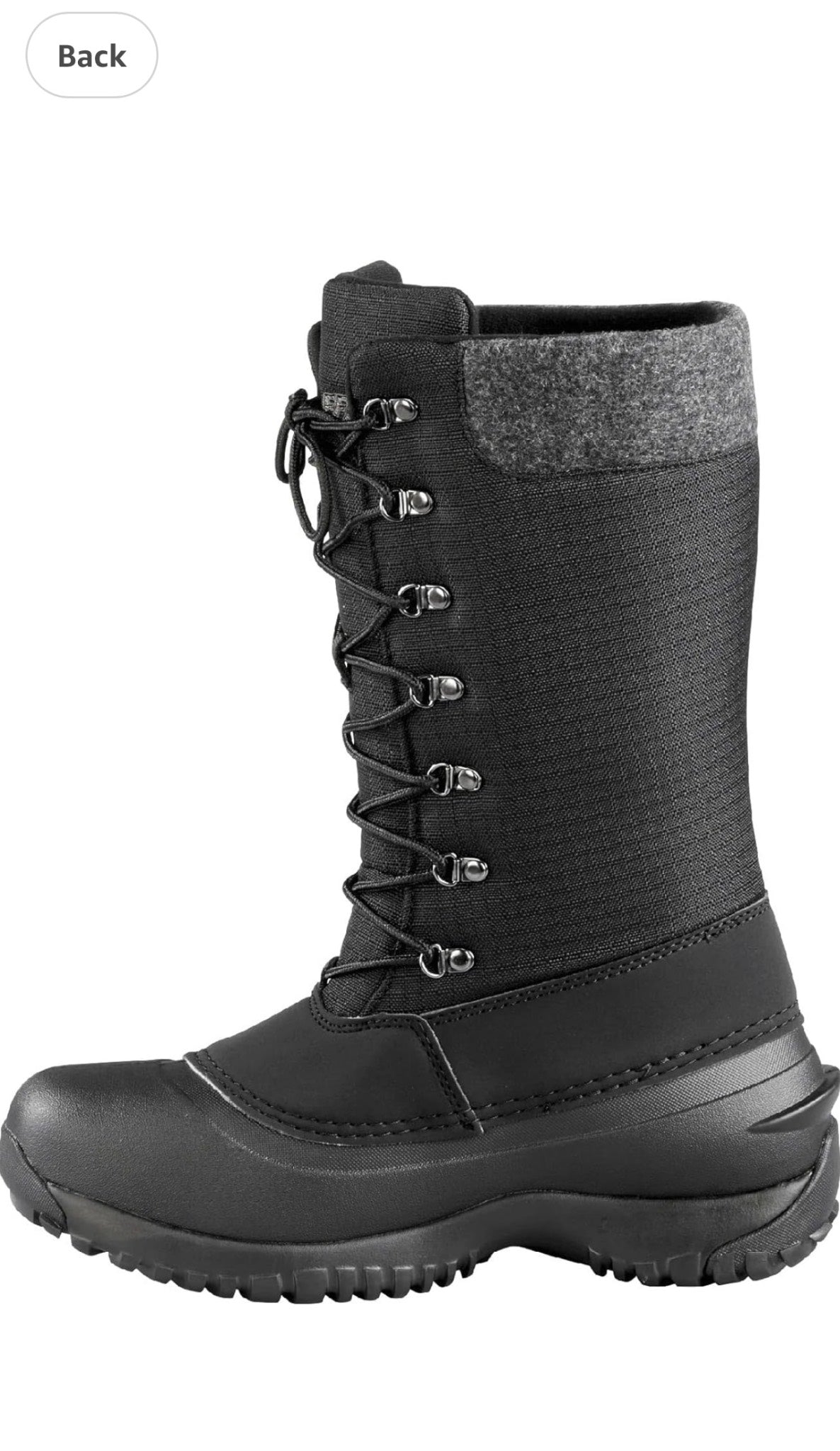 Black winter boot with gray lining on a white background