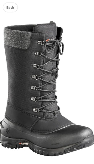 Black winter boot with lace-up design on a white background