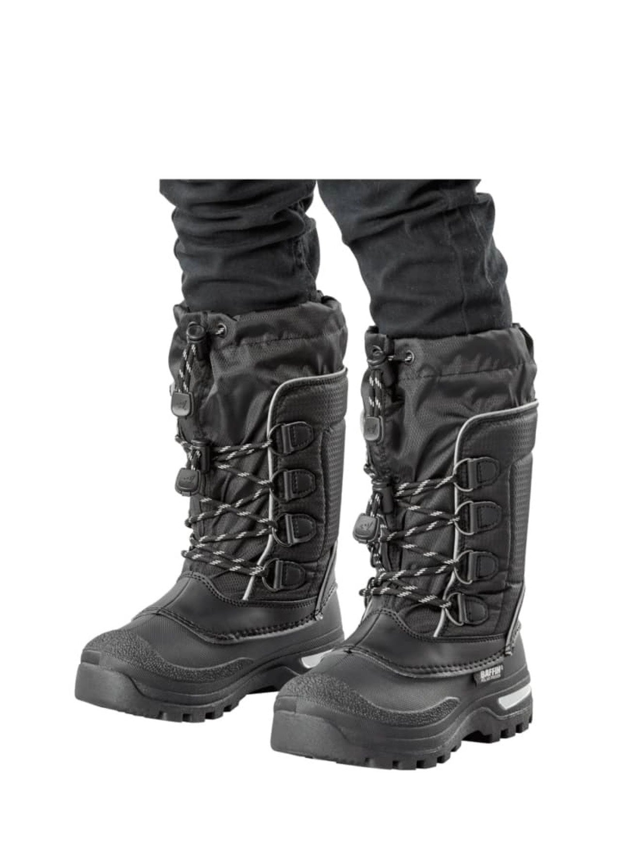 Black winter boots with high laces on a white background