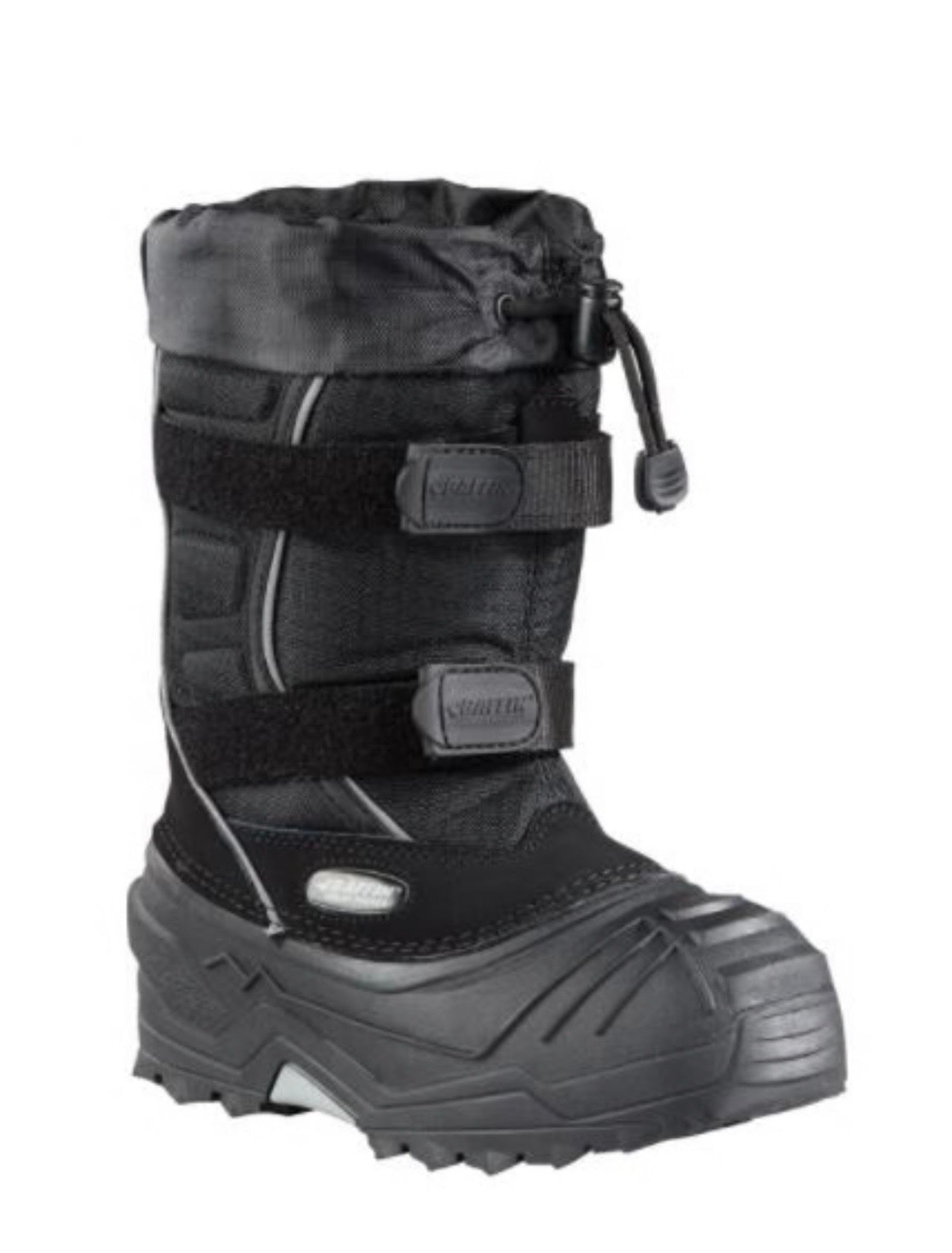 Black winter boot with a drawstring on a white background