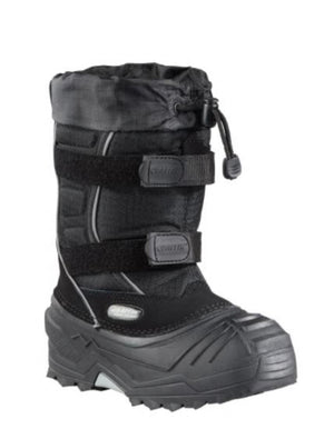 Black winter boot with a drawstring on a white background