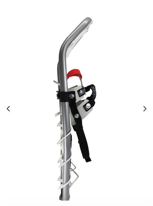 Metal snowshoe with red and white accents on a white background