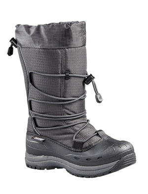 Gray winter boot with multiple straps on a white background