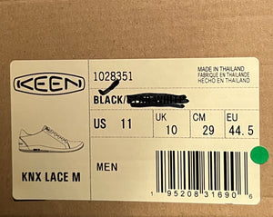 Keen shoe label with product details on a cardboard background