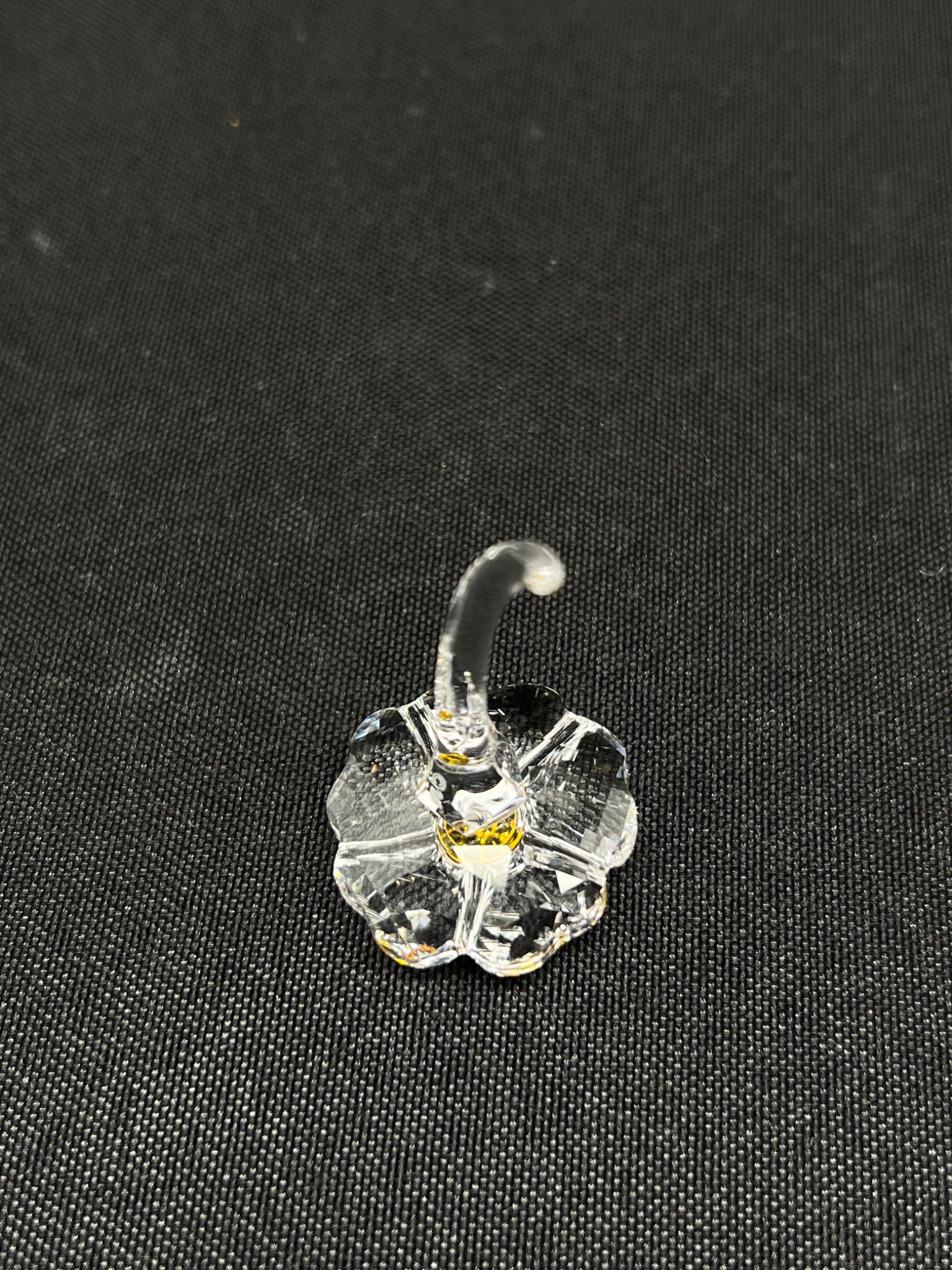 Clear glass flower-shaped object on a black background