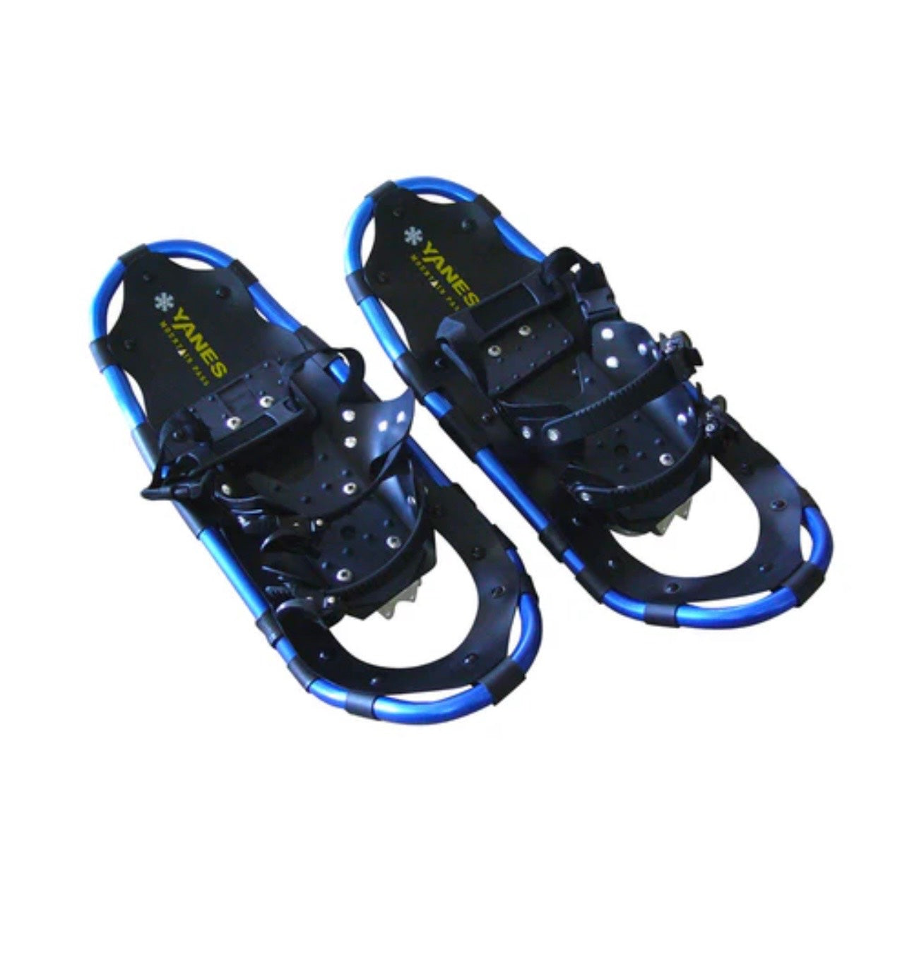 Pair of black and blue snowshoes on a white background
