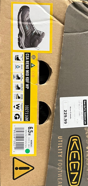 Keen utility footwear packaging with safety label and product details.