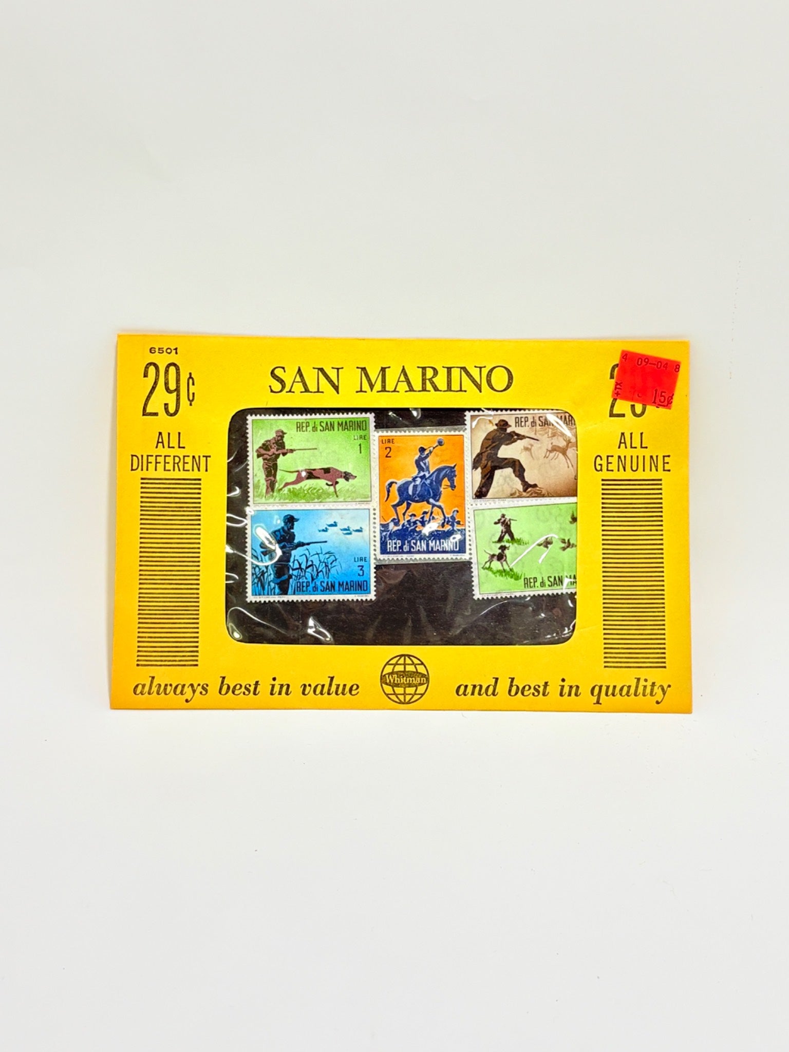 Packaged stamps from San Marino with a yellow border on a white background