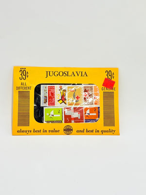 Pack of stamps from Yugoslavia with a yellow border on a light gray background