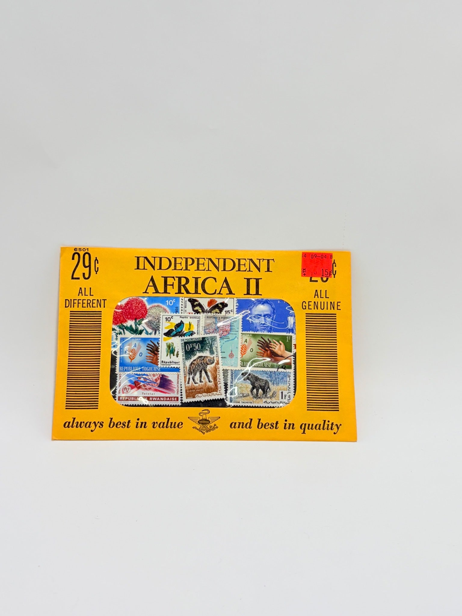 Collection of stamps on a yellow card with 'Independent Africa II' text on a gray background