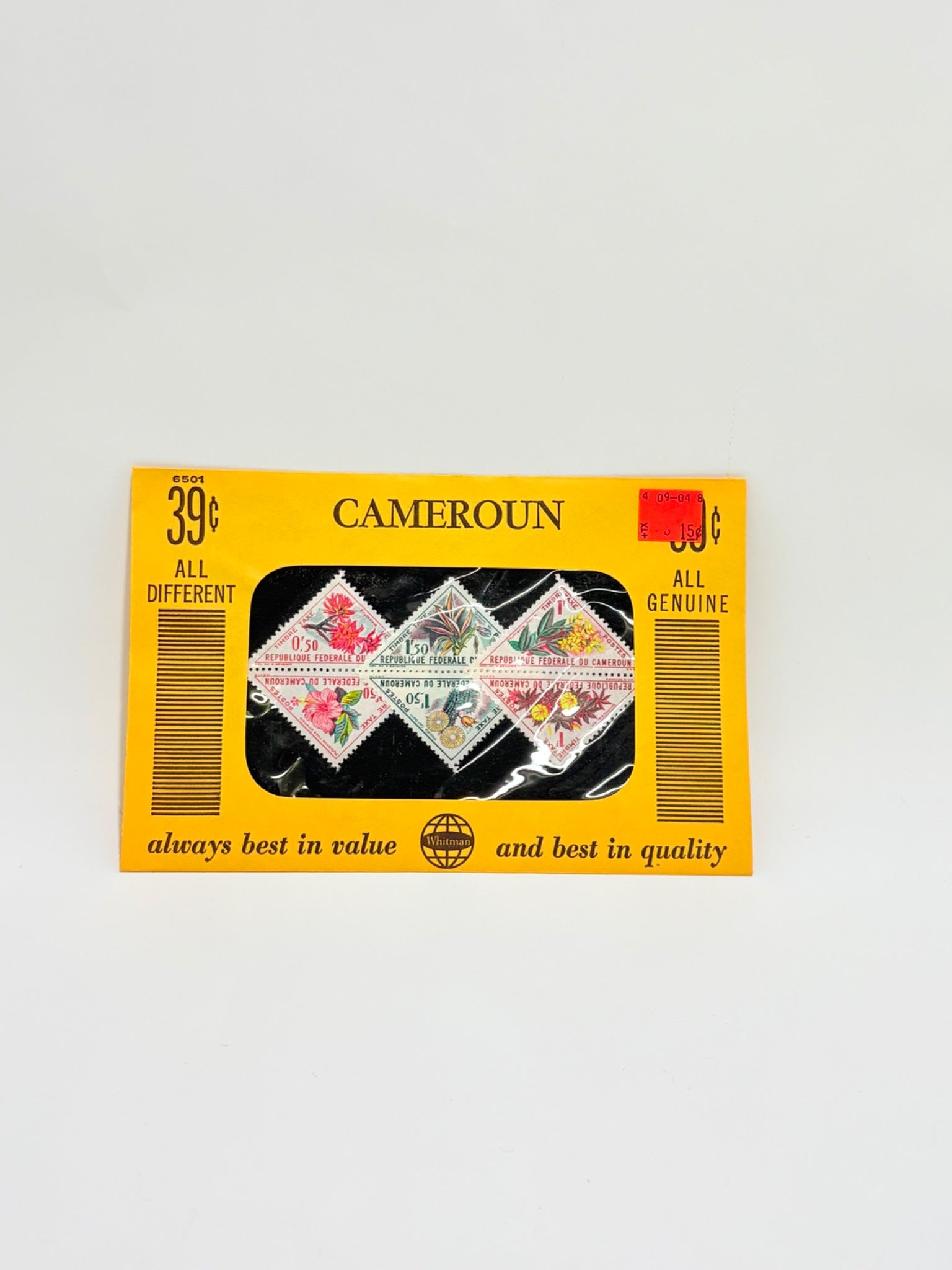 Pack of stamps from Cameroun with a yellow border on a light gray background
