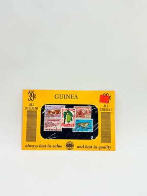 Stamps from Guinea in a collection box with yellow border and text.
