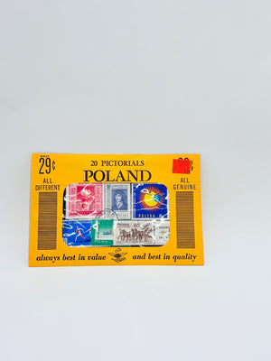Pack of Polish stamps with colorful designs on a yellow background
