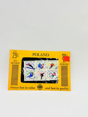 Pack of Polish stamps with a yellow border on a light gray background