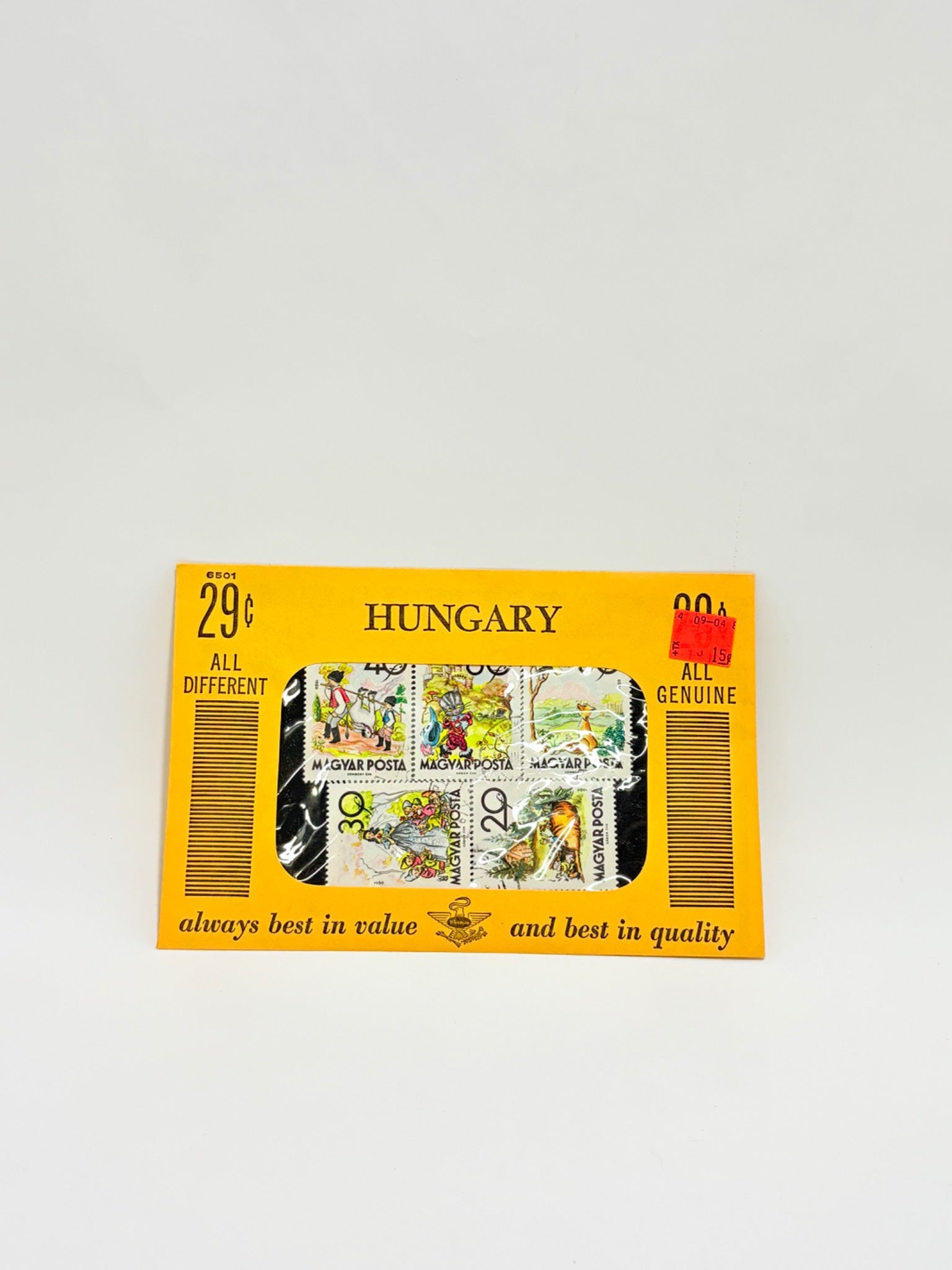Pack of Hungarian stamps with a yellow border on a white background