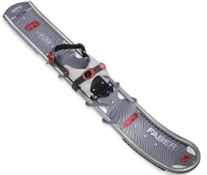 Gray and red snowshoe with 'Faber' branding on a white background
