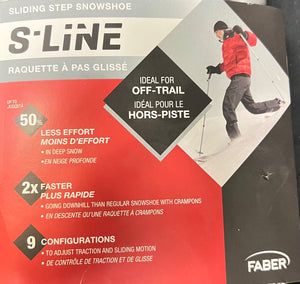 S-Line snowshoe packaging with promotional text and a skier illustration, featuring Faber brand.