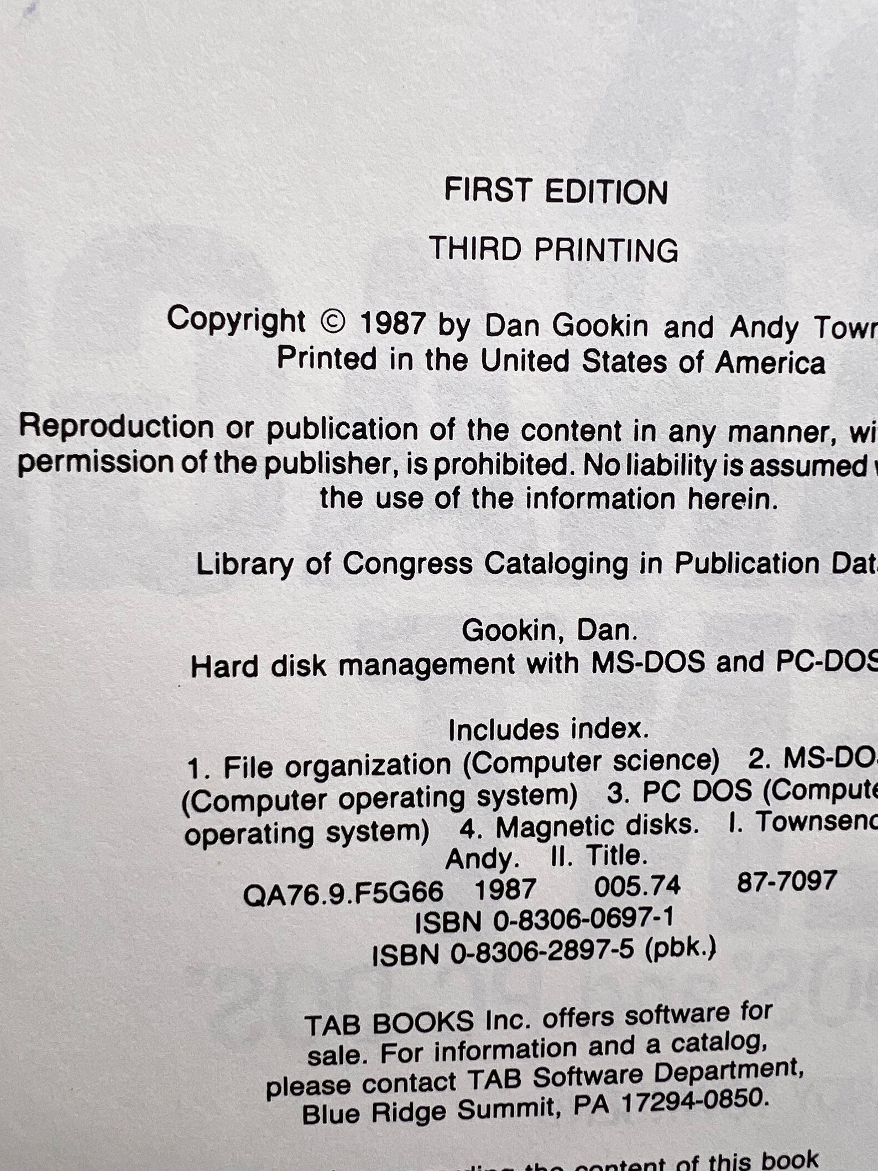 "Hard Disk Management with MS-DOS and PC-DOS" Hardcover Book 1st edition 3rd printing