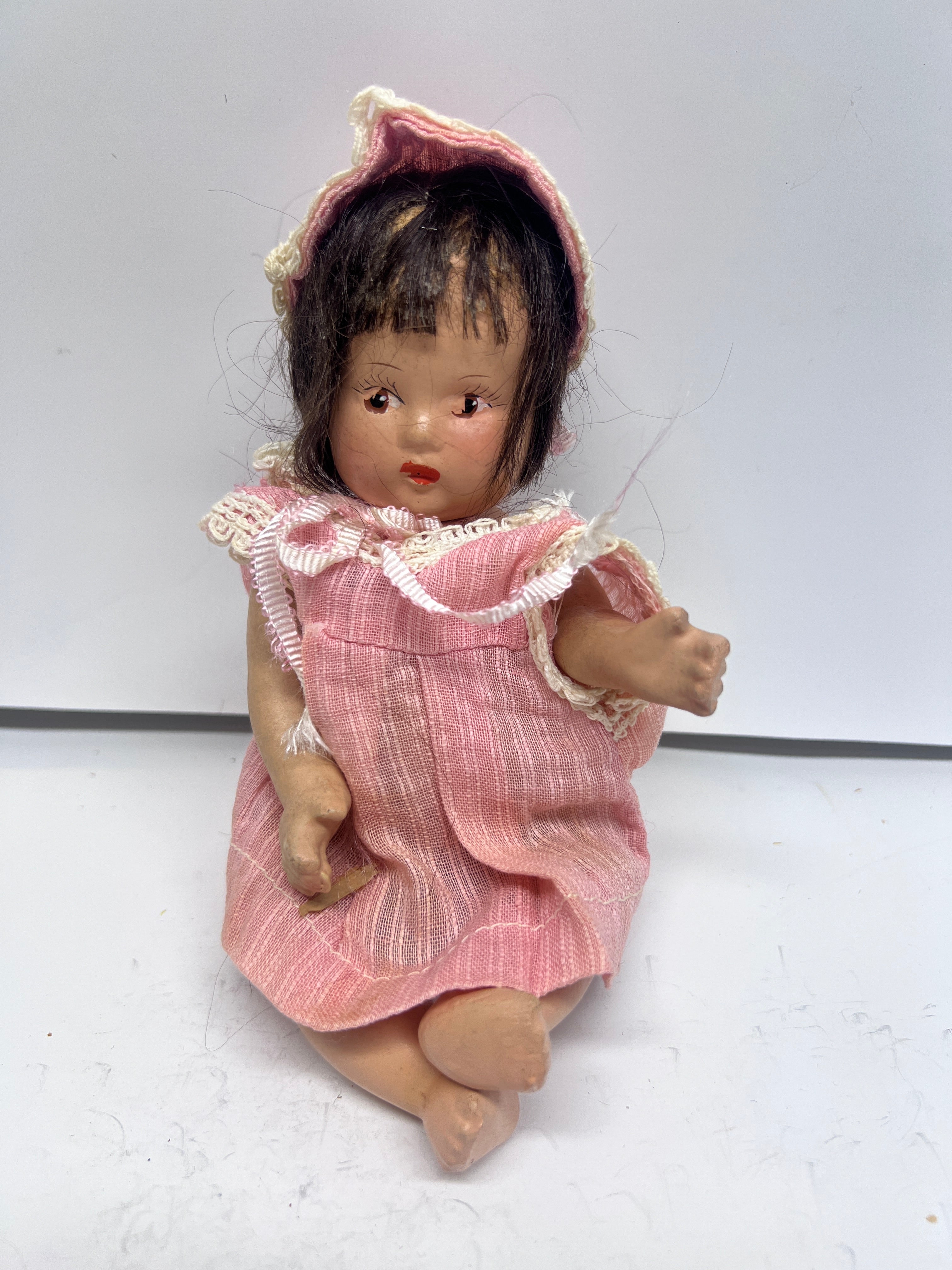 1930s-40s Composition Baby Doll – 6" Side-Glancing Eyes & Pink Outfit
