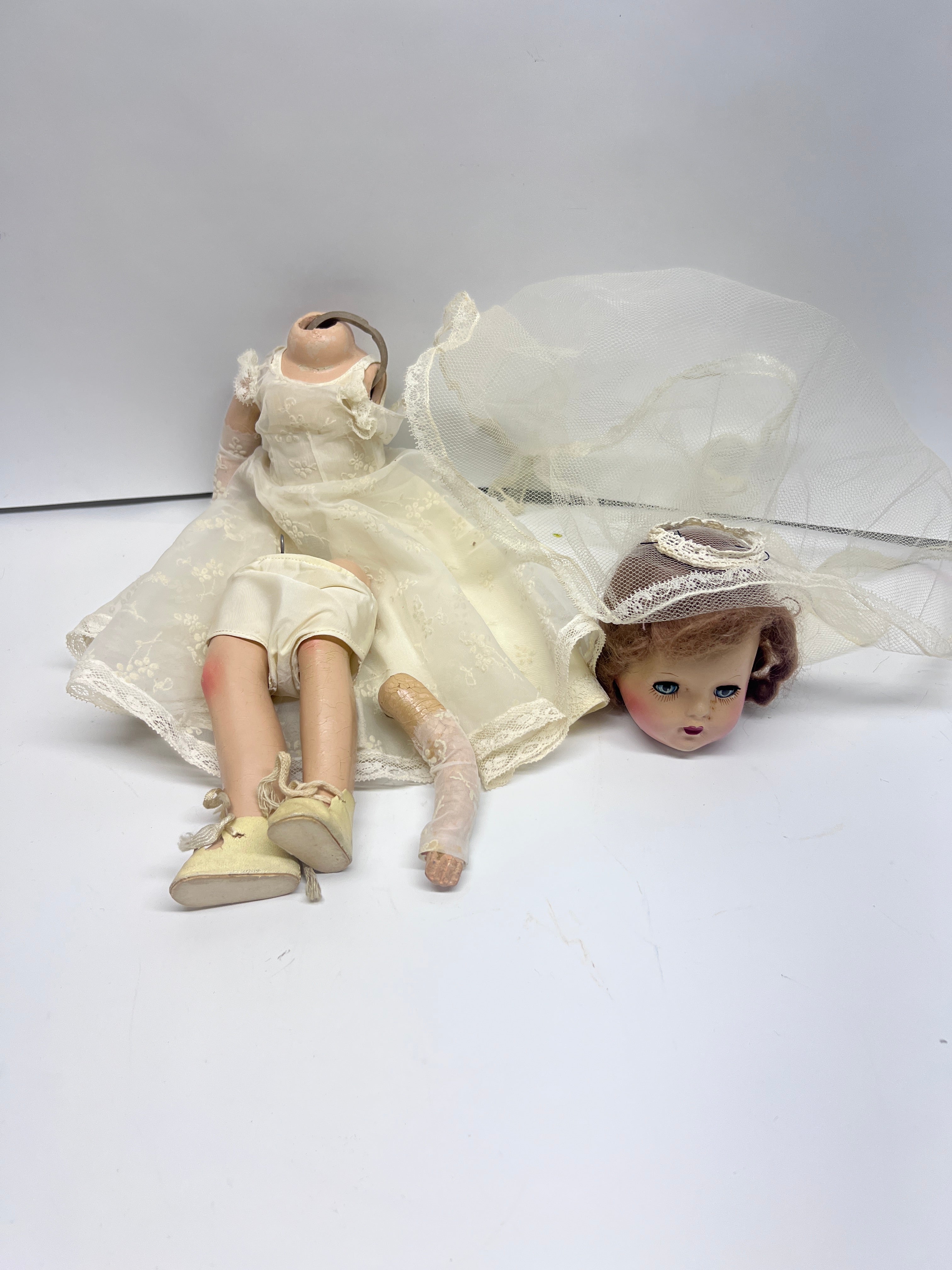 1950s Composition Bride Doll for Repair - Sleep Eyes - Original Wedding Dress & Veil