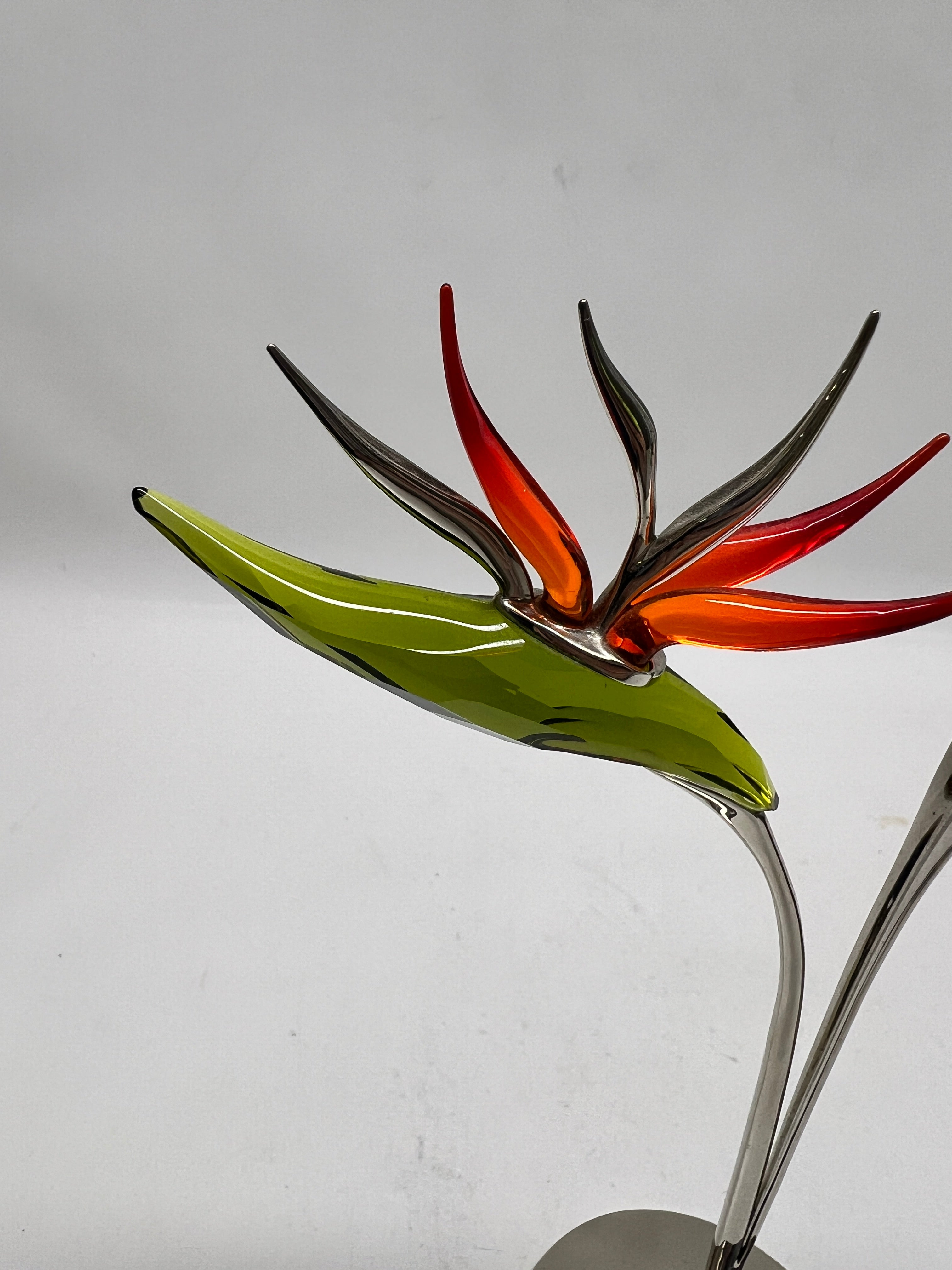 Art Glass Bird of Paradise Sculpture on Chrome Stand