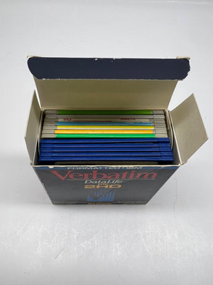 Open box of Verbatim formatted 3.5-inch floppy disks on a white background