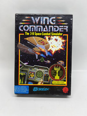 Vintage 'Wing Commander' game box for a 3D space combat simulator on a white background