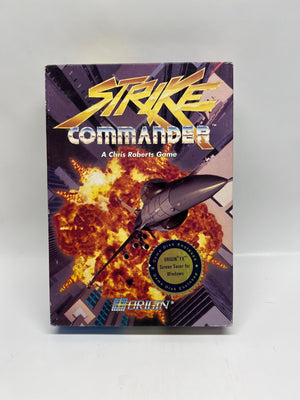 Vintage 'Strike Commander' game box with a fighter jet and explosion design on a white background