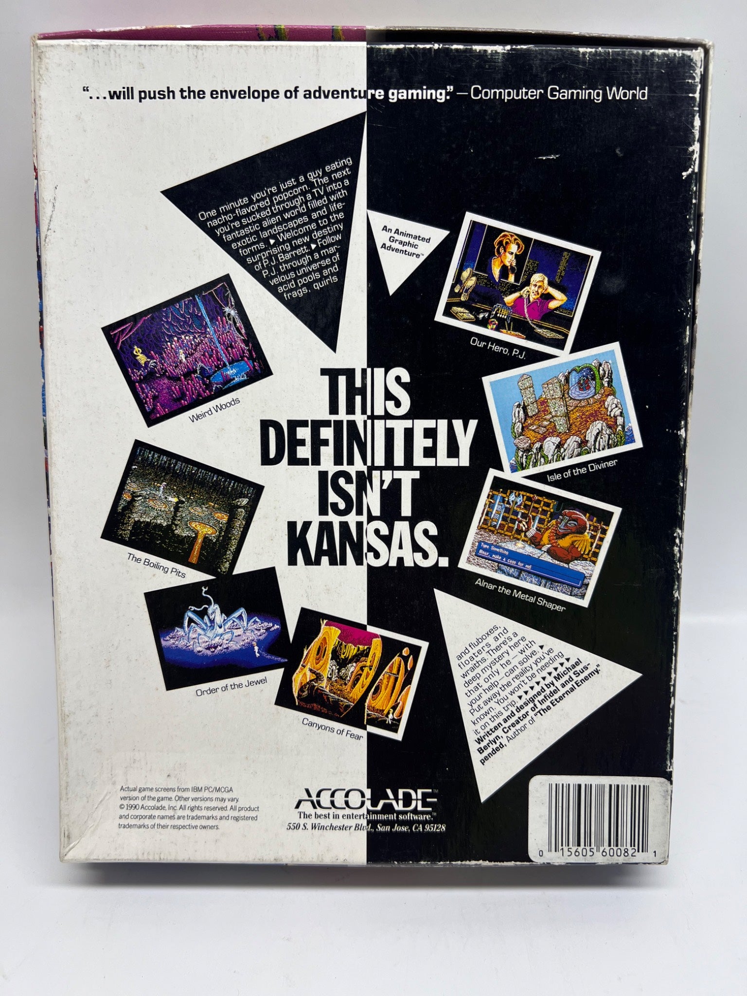 Back cover of a video game box with text and small images, featuring the brand 'Accolade'.