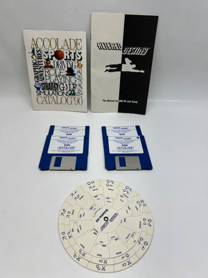Accolade software catalog, floppy disks, and a circular game component on a white background