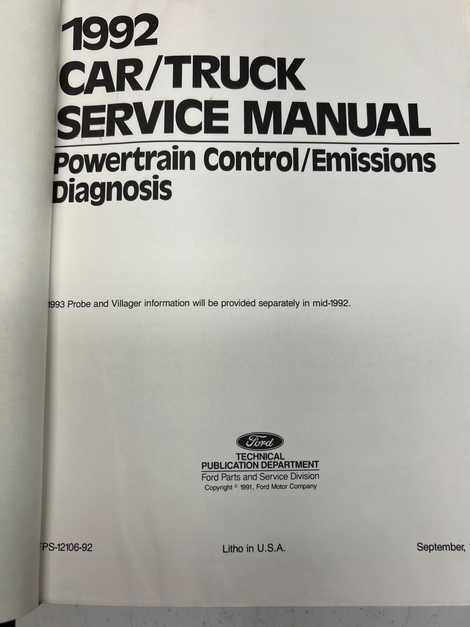 1992 Car/Truck Service Manual cover with Ford logo