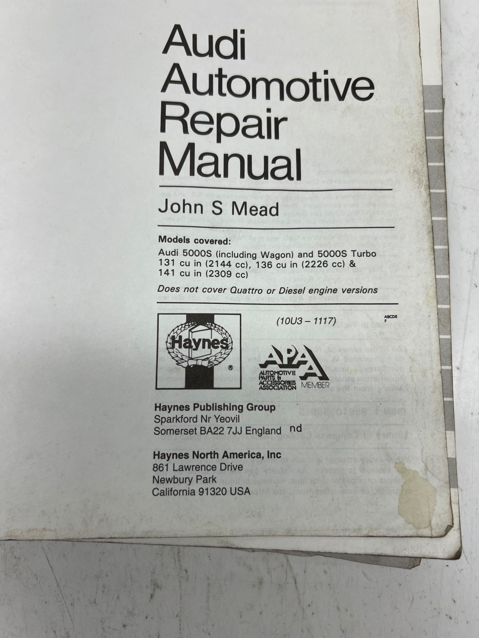 Audi automotive repair manual by John S Mead on a white background