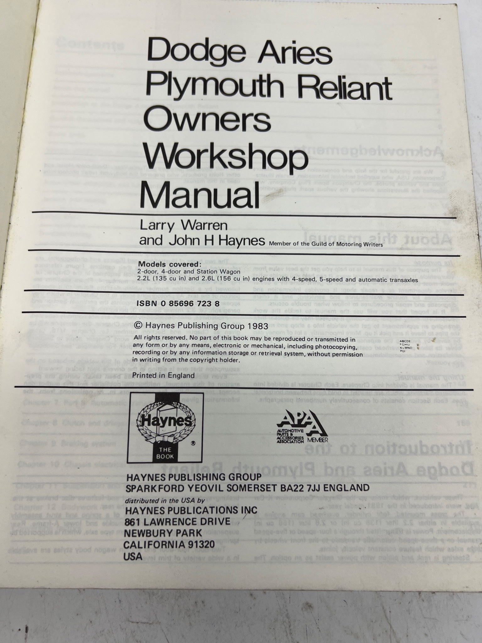 1981-1983 Dodge Aries Workshop Manual