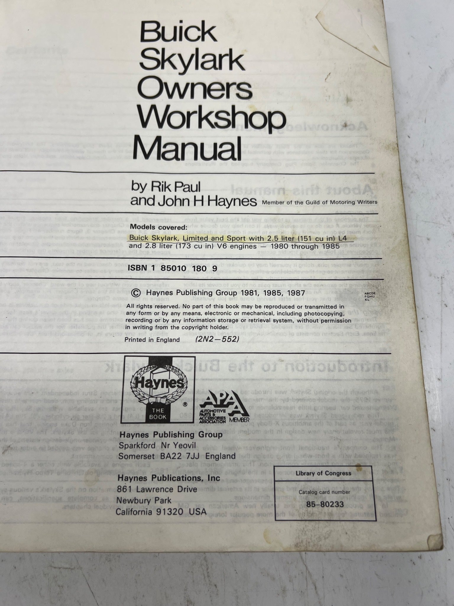 1981 Buick Skylark Owners Workshop Manual