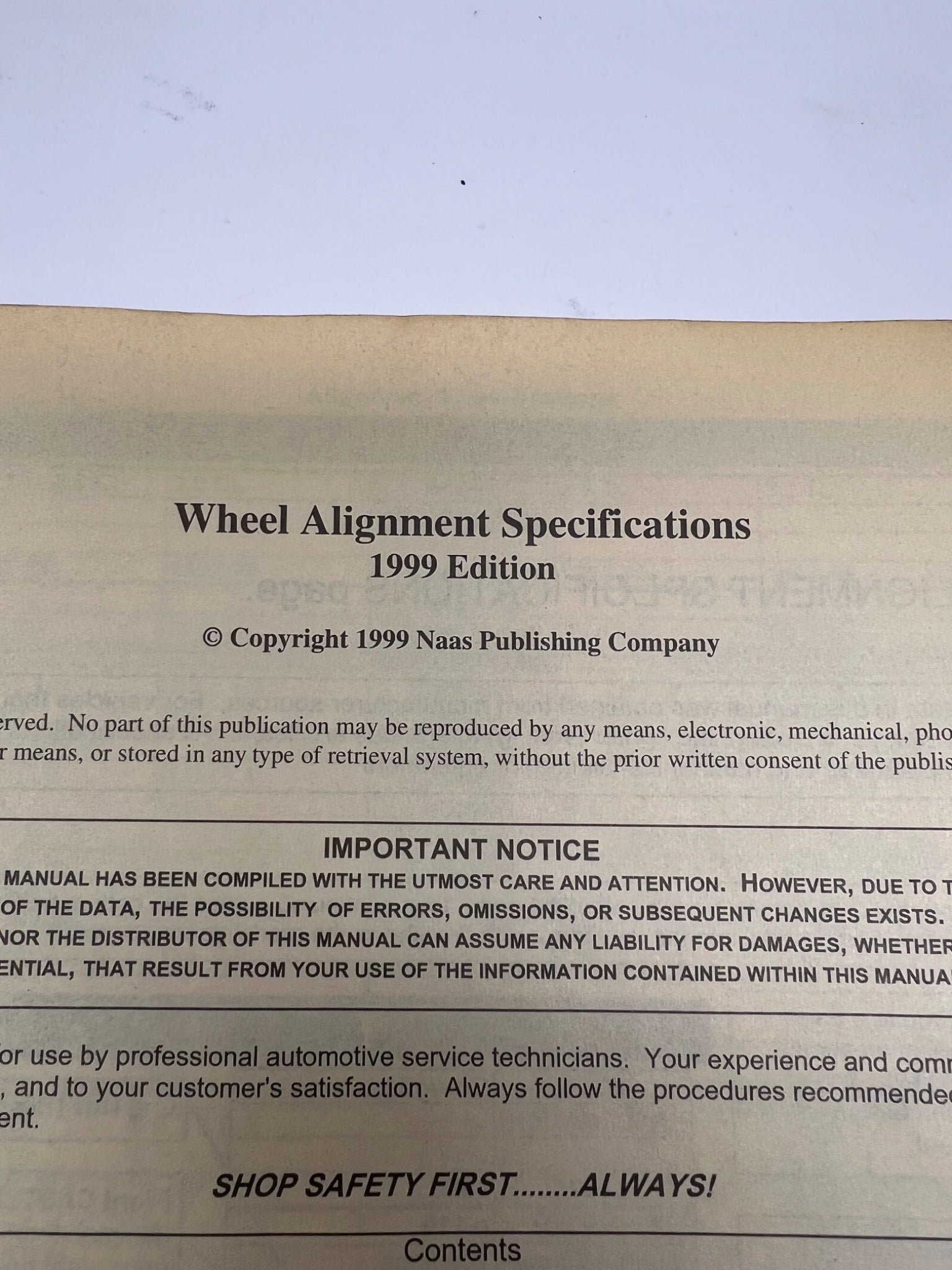 1999 Wheel Alignment Specifications Guide