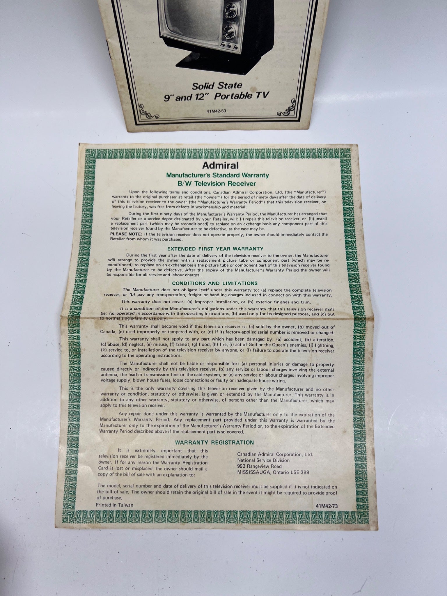 Vintage Admiral Solid State Portable TV Manual & Warranty